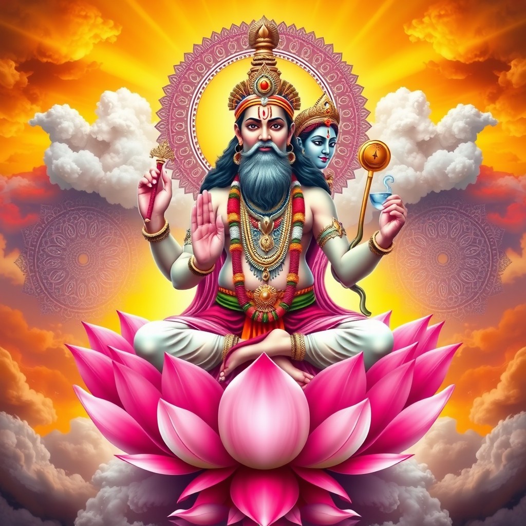 A majestic depiction of Lord Brahma, the Hindu god of creation, seated on a grand lotus flower, surrounded by intricate mandalas and heavenly clouds