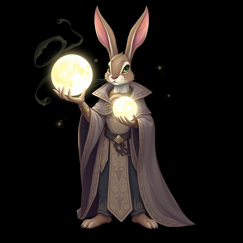 A humanoid hare sorcerer with elongated ears and ornate robes, standing confidently while holding a luminous moon token that casts a soft glow