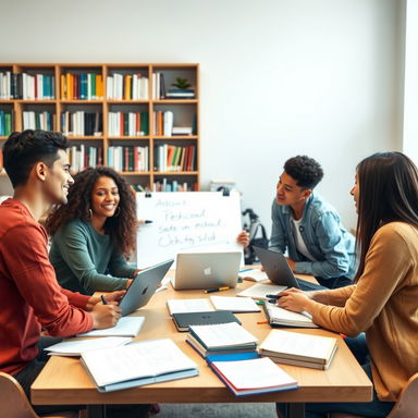 A vibrant and dynamic study group setting featuring a diverse group of five young adults engaged in discussion and collaboration