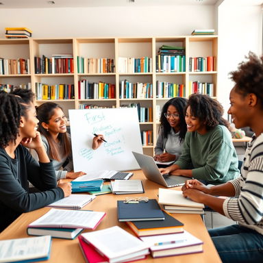 A vibrant and dynamic study group setting featuring a diverse group of five young adults engaged in discussion and collaboration