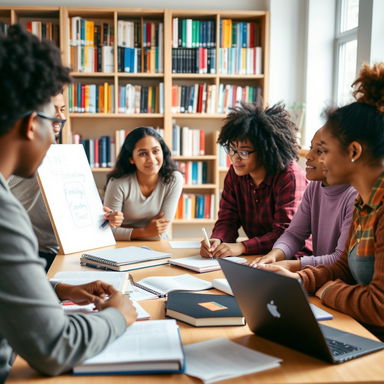 A vibrant and dynamic study group setting featuring a diverse group of five young adults engaged in discussion and collaboration