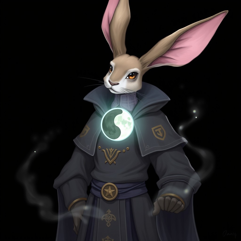 A humanoid hare sorcerer with elongated ears and elaborate robes, featuring a striking moon badge prominently displayed on their chest