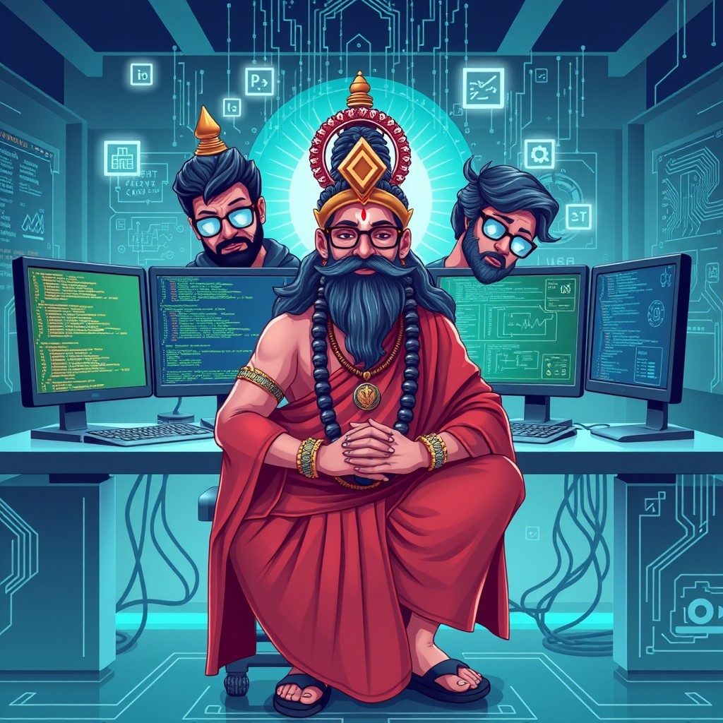 A creative illustration of Lord Brahma as a contemporary computer scientist, seated at a high-tech workstation filled with multiple screens displaying coding languages and intricate software designs