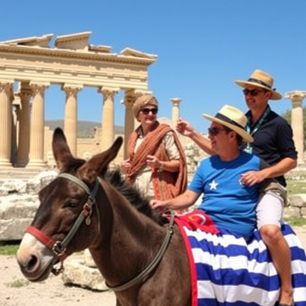 A tourist riding a donkey adorned with the Greek flag, exploring the ancient city of Ephesus