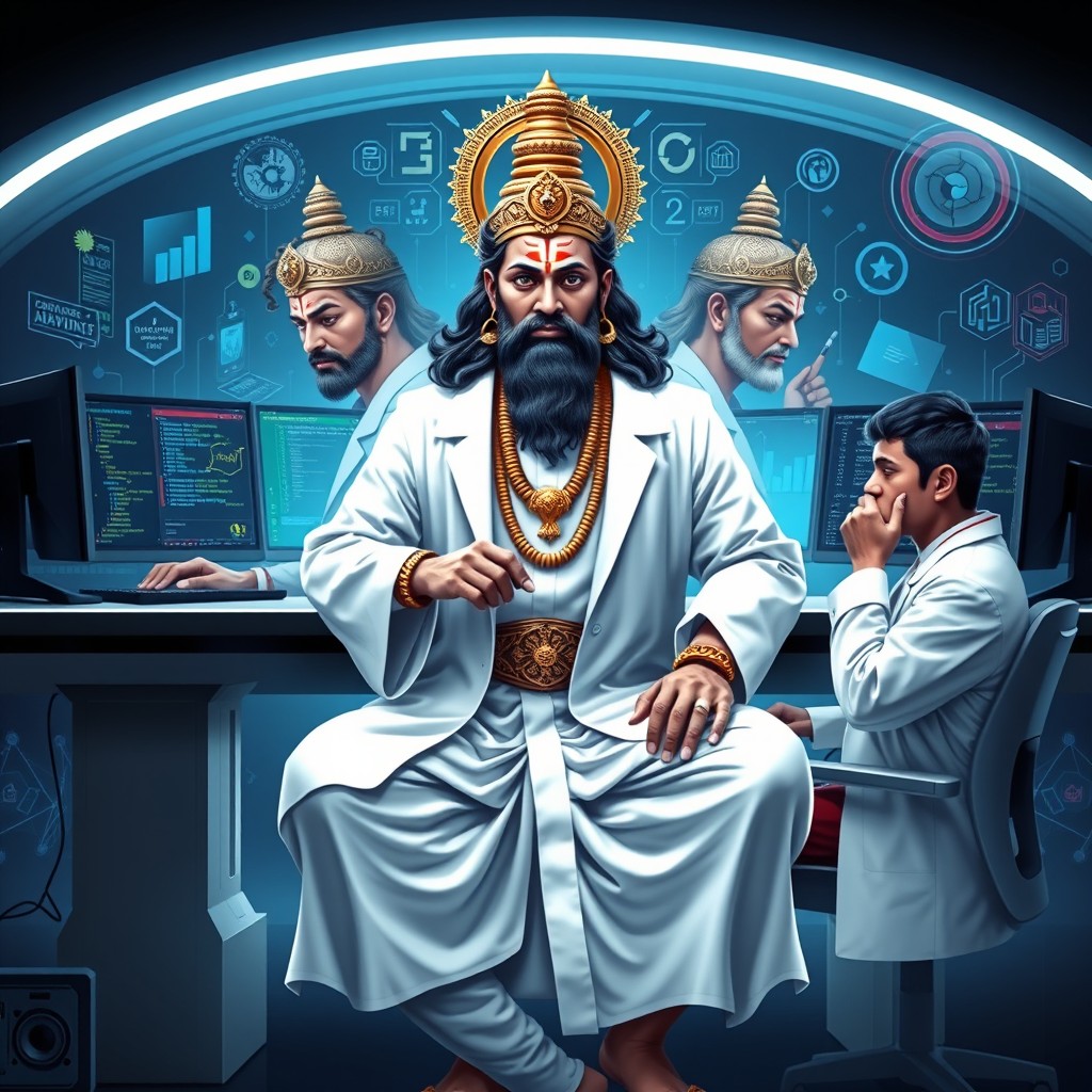 A creative and modern interpretation of Lord Brahma as a computer scientist, wearing a crisp white lab coat over traditional Indian attire
