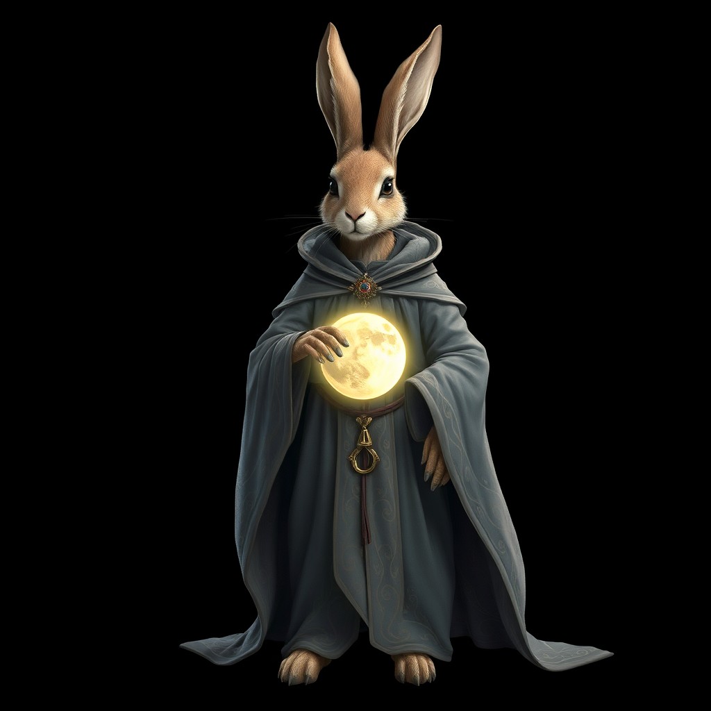 A humanoid hare sorcerer, elegantly standing against a black background