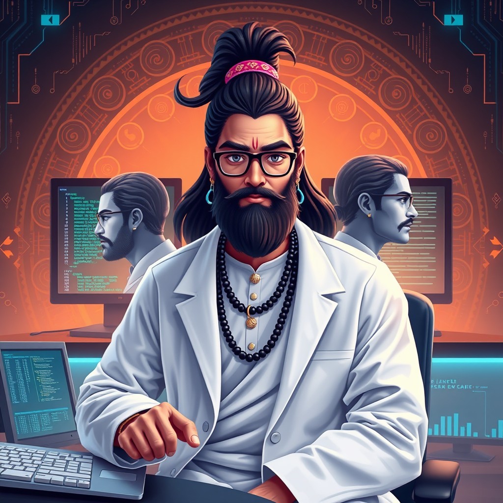 A modern and imaginative portrayal of Lord Brahma as a computer scientist, wearing a crisp white lab coat over a traditional Indian kurta
