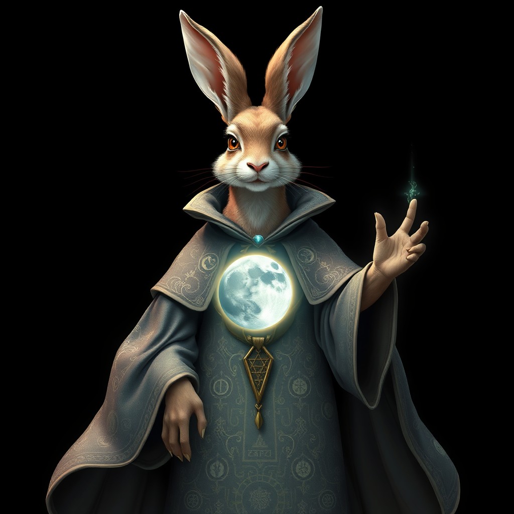 A humanoid hare sorcerer, standing majestically against a black background