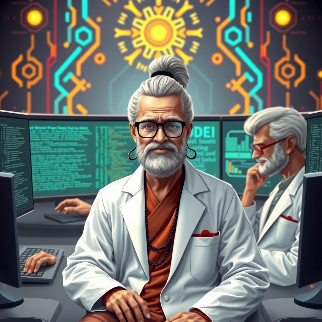 A modern and imaginative depiction of Lord Brahma as a computer scientist, characterized as an elderly figure with wisdom in his features