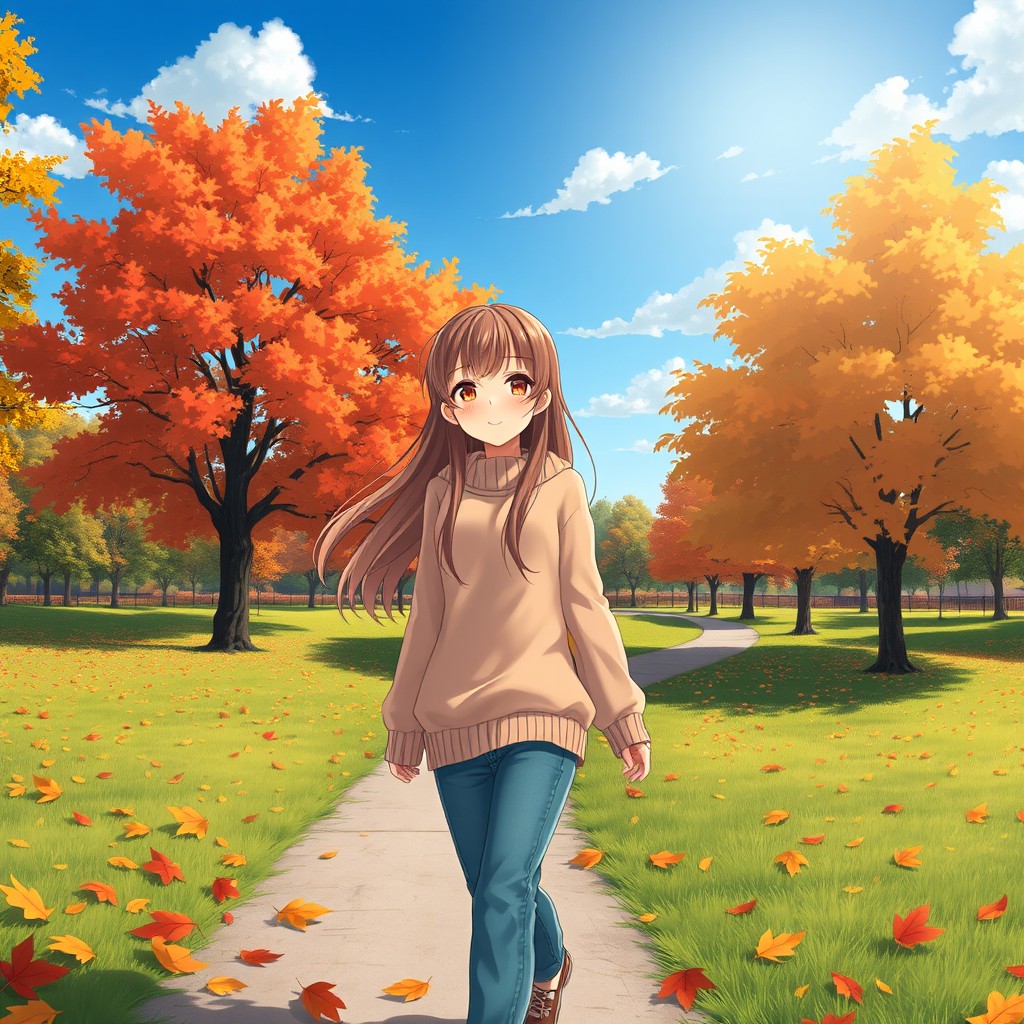 An anime girl with long flowing hair wearing a cozy sweater and jeans is wandering through an empty park during autumn