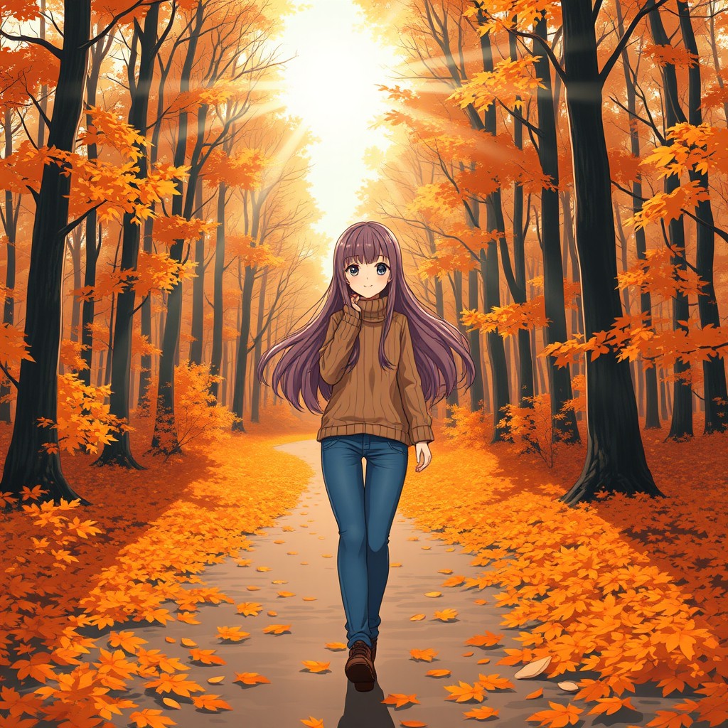 An anime girl with long flowing hair wearing a cozy sweater and jeans is wandering through an empty forest during autumn