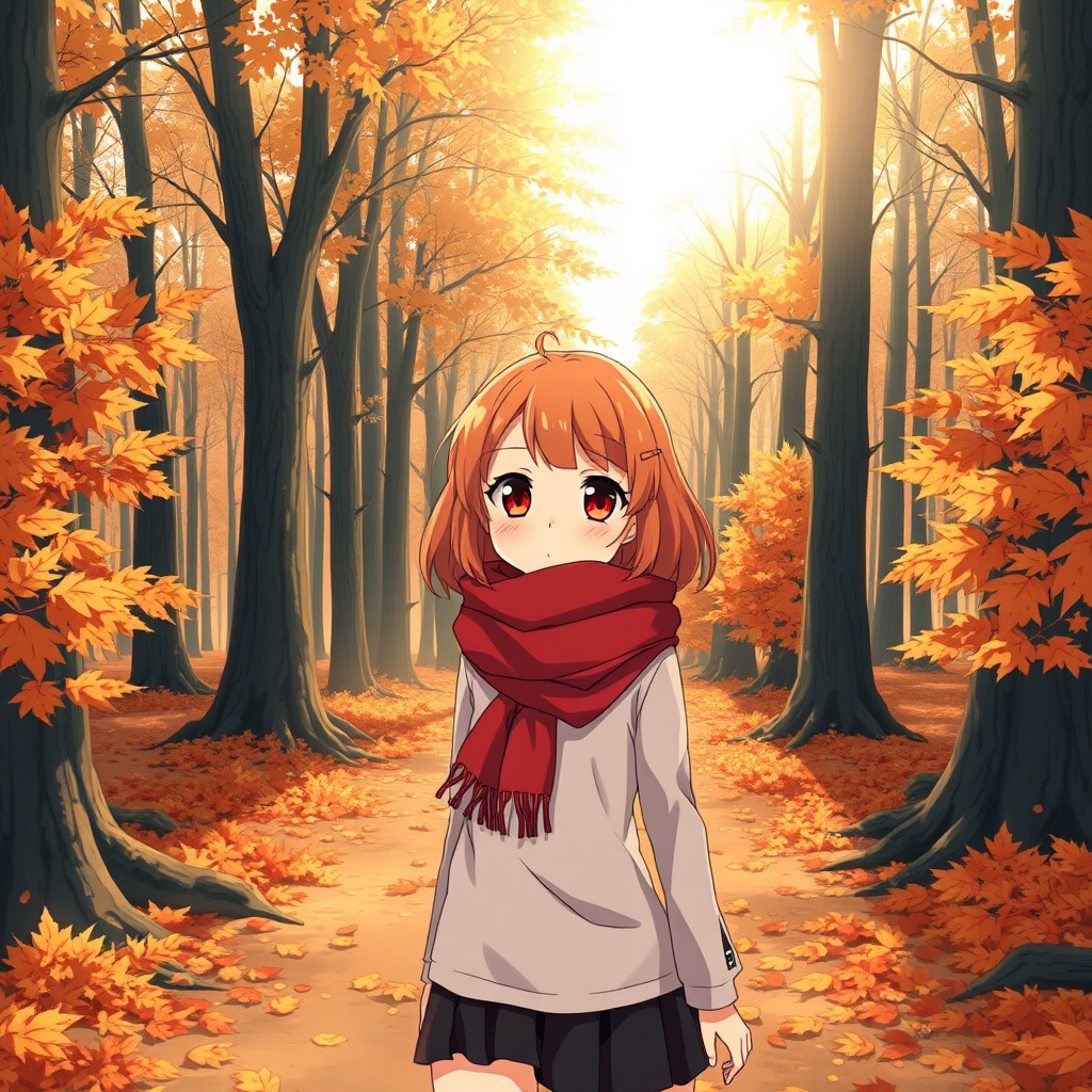 An anime girl with vibrant orange hair and expressive brown eyes is wandering through an empty forest during autumn
