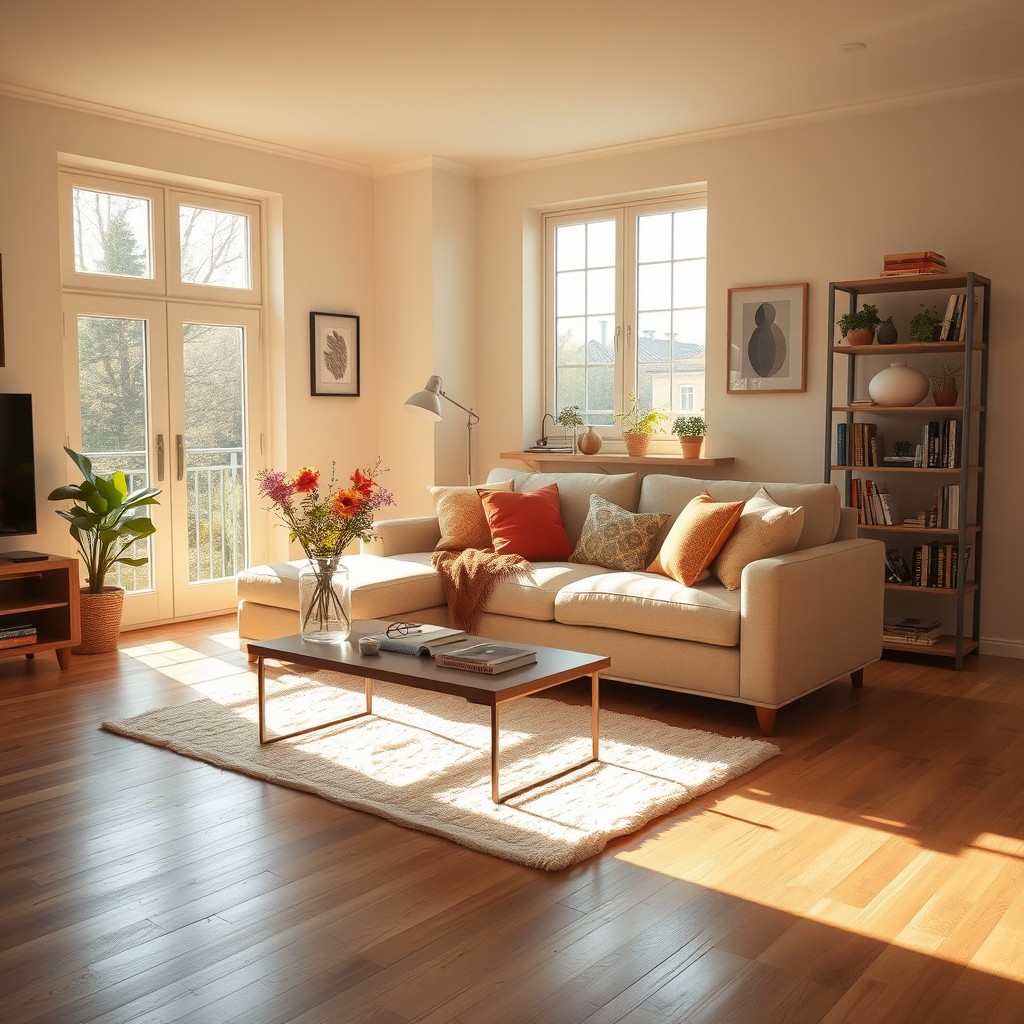 A cozy interior scene featuring a spacious, well-lit living room