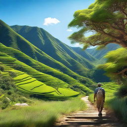 Enhance the previous image to be more photorealistic with increased attention to detail, making the man, the lush greenery, the undulating hills, and the clear blue sky exceedingly lifelike.