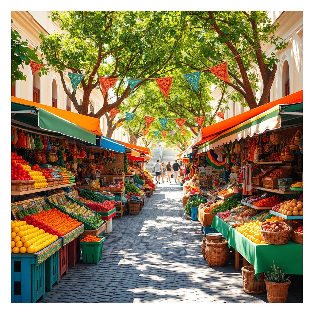 A vibrant Latin street market scene filled with colorful market stalls, showcasing an array of fresh fruits, vegetables, spices, and handmade crafts