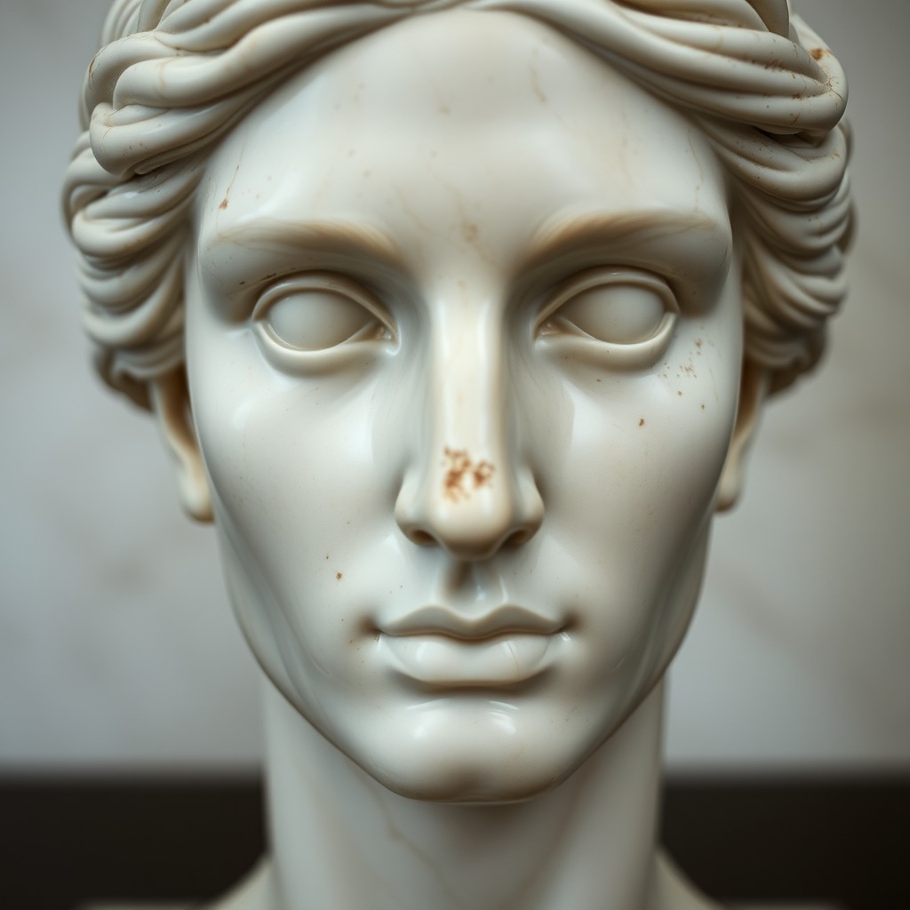 A front view of a face sculpted as a marble bust, showcasing intricate details such as smooth textures, realistic features, and lifelike expression