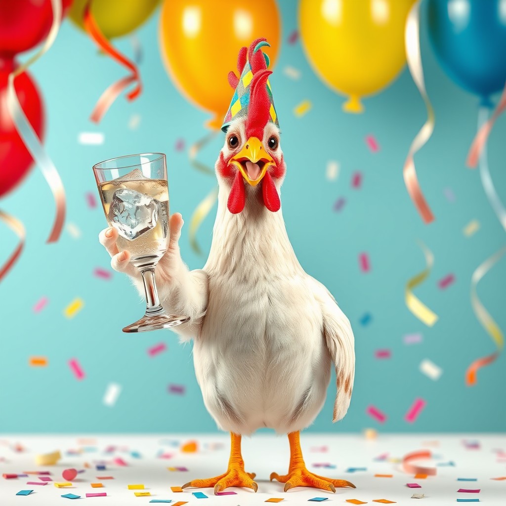 A humorous and whimsical scene featuring a chicken holding a rakı glass in its wing
