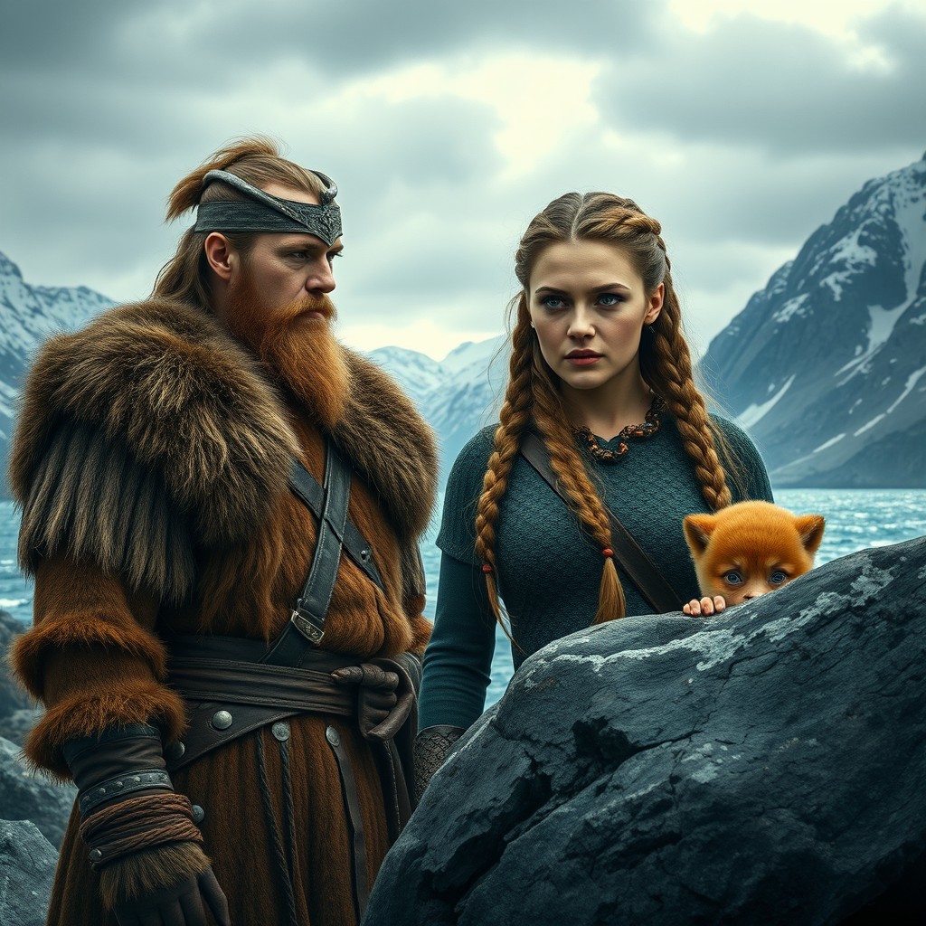 In a dramatic scene set in Norway in 794 AD, a fierce Viking named Vikar stands confidently, clad in rugged furs and armor, under the ominous sky