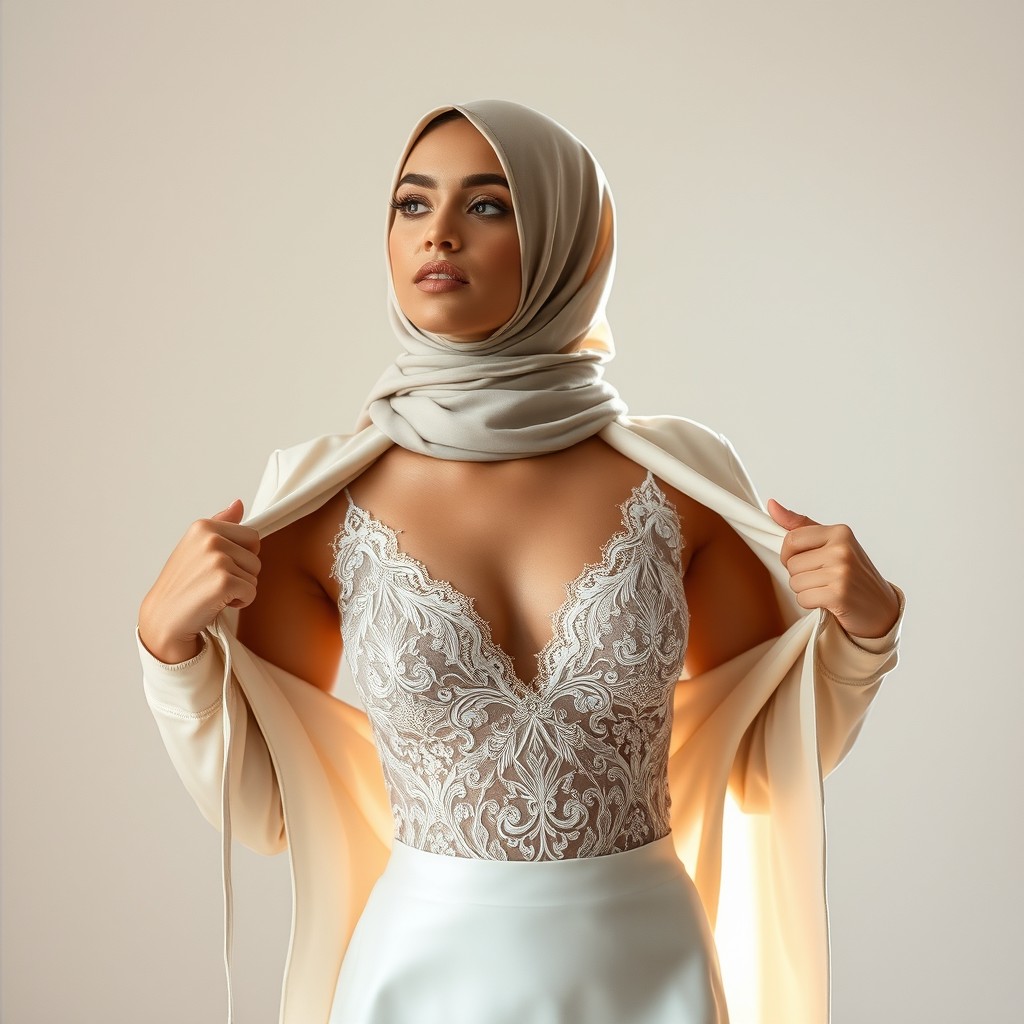 A beautiful woman in hijab, gracefully removing her outer garment to reveal an exquisite design of intricate lace beneath, embodying elegance and sophistication