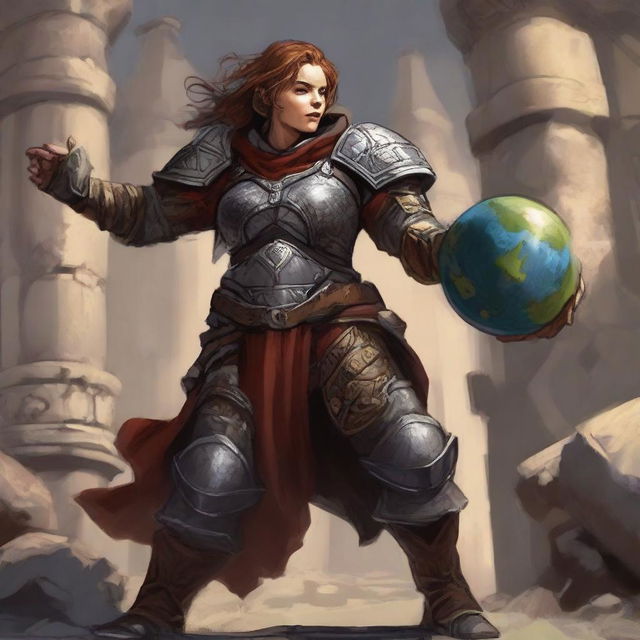 a female dwarven kineticist in heavy armor raises an earth and wall from the ground using her powers