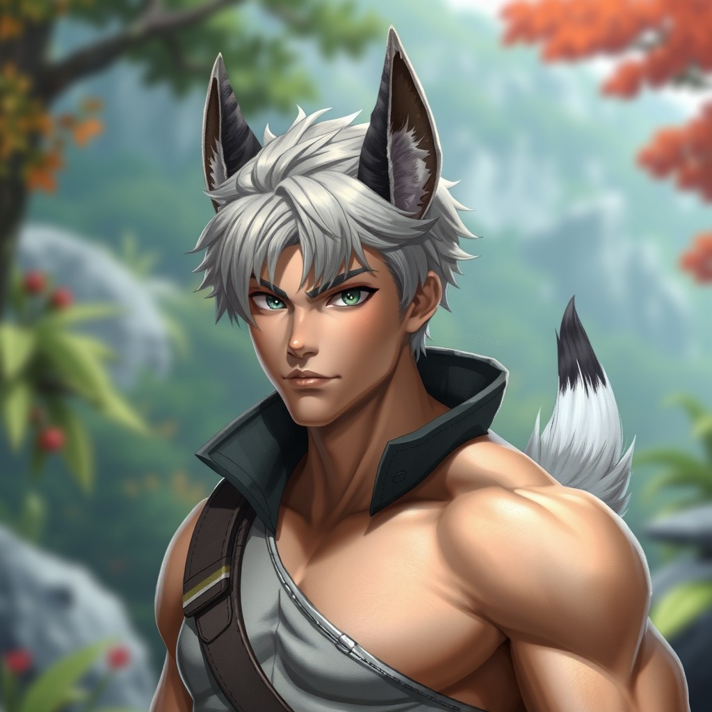 A realistic male demi-human character in his mid-20s, featuring distinctive animal ears and a tail