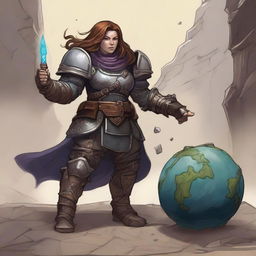 a female dwarven kineticist in heavy armor raises an earth and wall from the ground using her powers