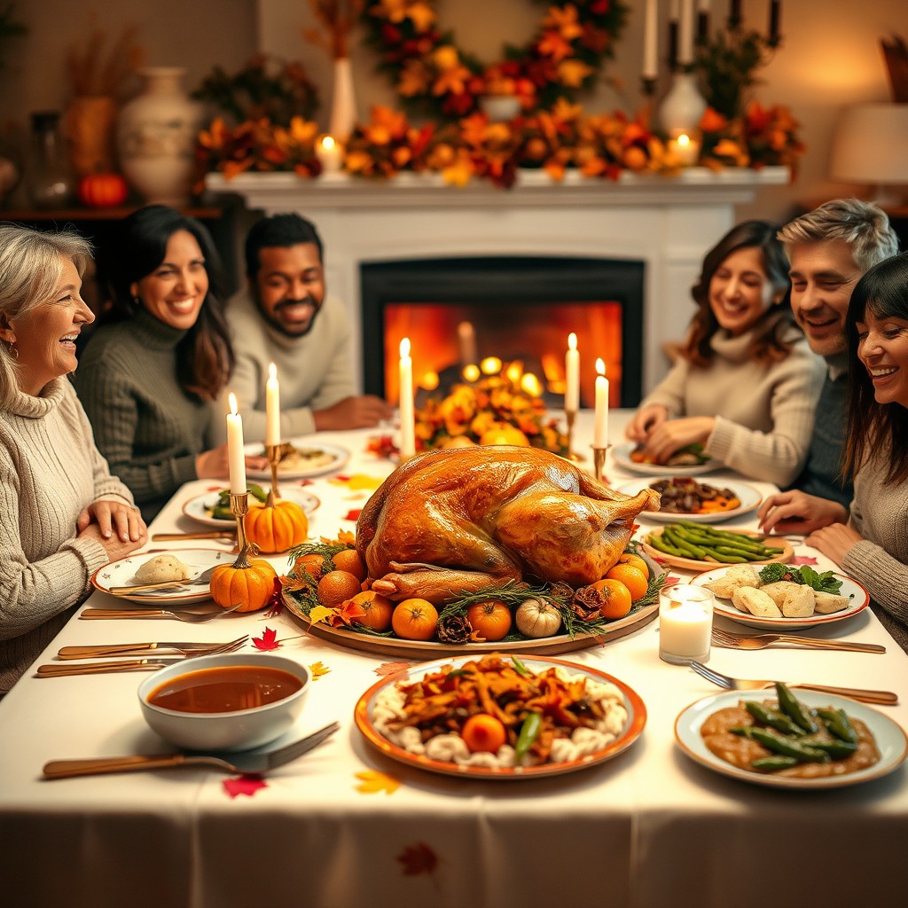 A warm and inviting Thanksgiving dinner setting featuring a beautifully decorated table with an autumn theme