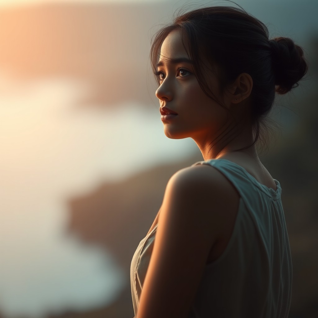A young woman standing in a contemplative pose, gazing into the distance with a face full of regret and sorrow, capturing the essence of longing and introspection