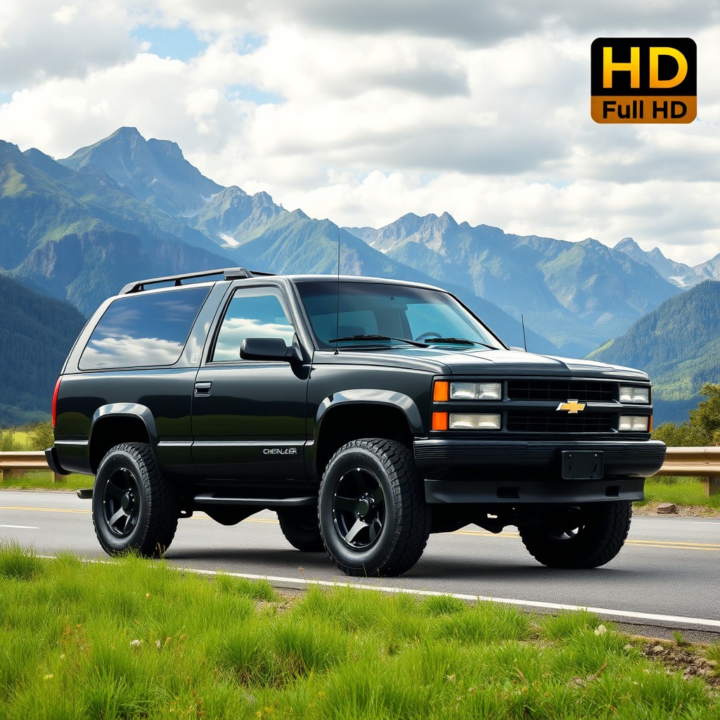 A classic 1996 Chevrolet Blazer in sleek black color, featuring black-painted wheels