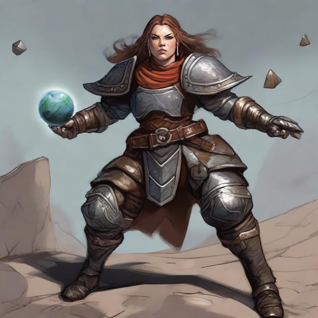 a female dwarven kineticist in heavy armor raises an earth and wall from the ground using her powers