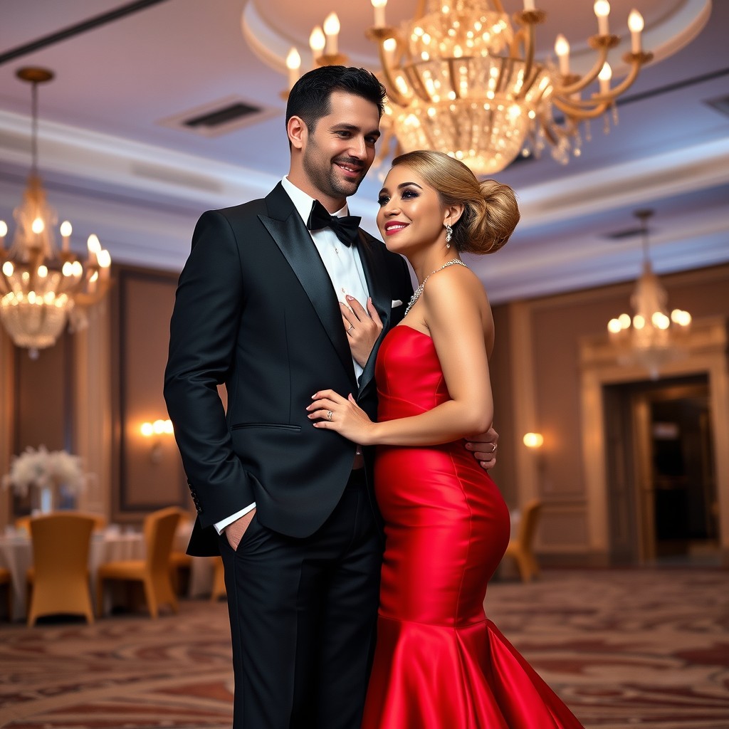 A classy couple elegantly dressed for an upscale event, standing close together in a romantic embrace