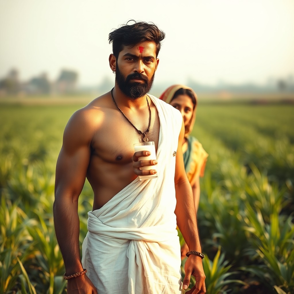 A hot, muscular 30-year-old Indian rural man standing confidently in an open green farm