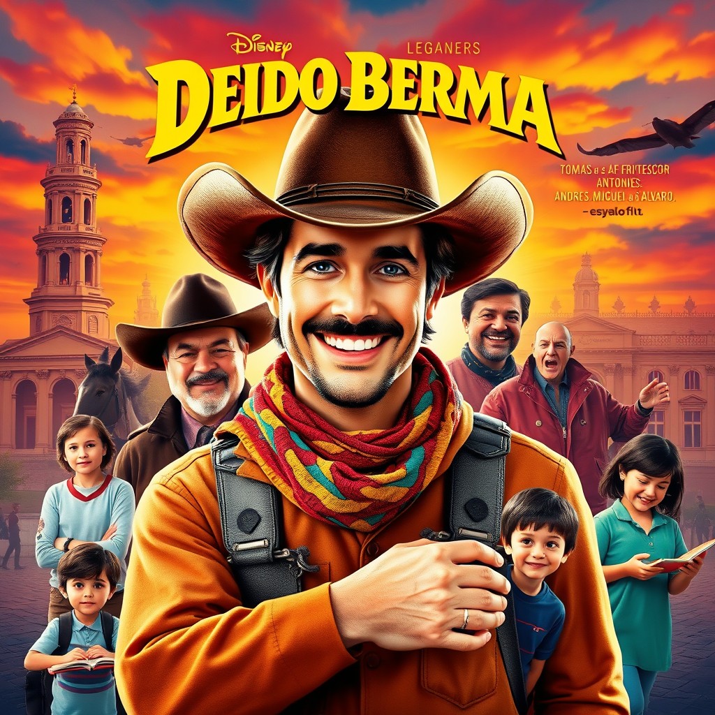 A vibrant and engaging film poster featuring Diego Bermea, a rugged Texan cowboy with a warm smile, in a dynamic pose at the forefront