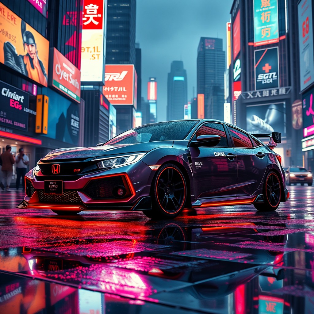A Honda Civic EG5 in a vibrant cyberpunk setting, showcasing neon lights and futuristic cityscape elements
