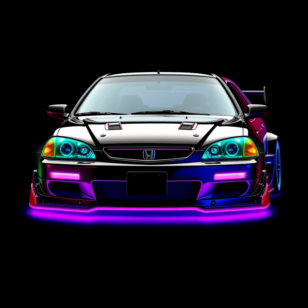 A 1999 Honda Civic EG5, designed with a cyberpunk aesthetic, sitting against a solid black background