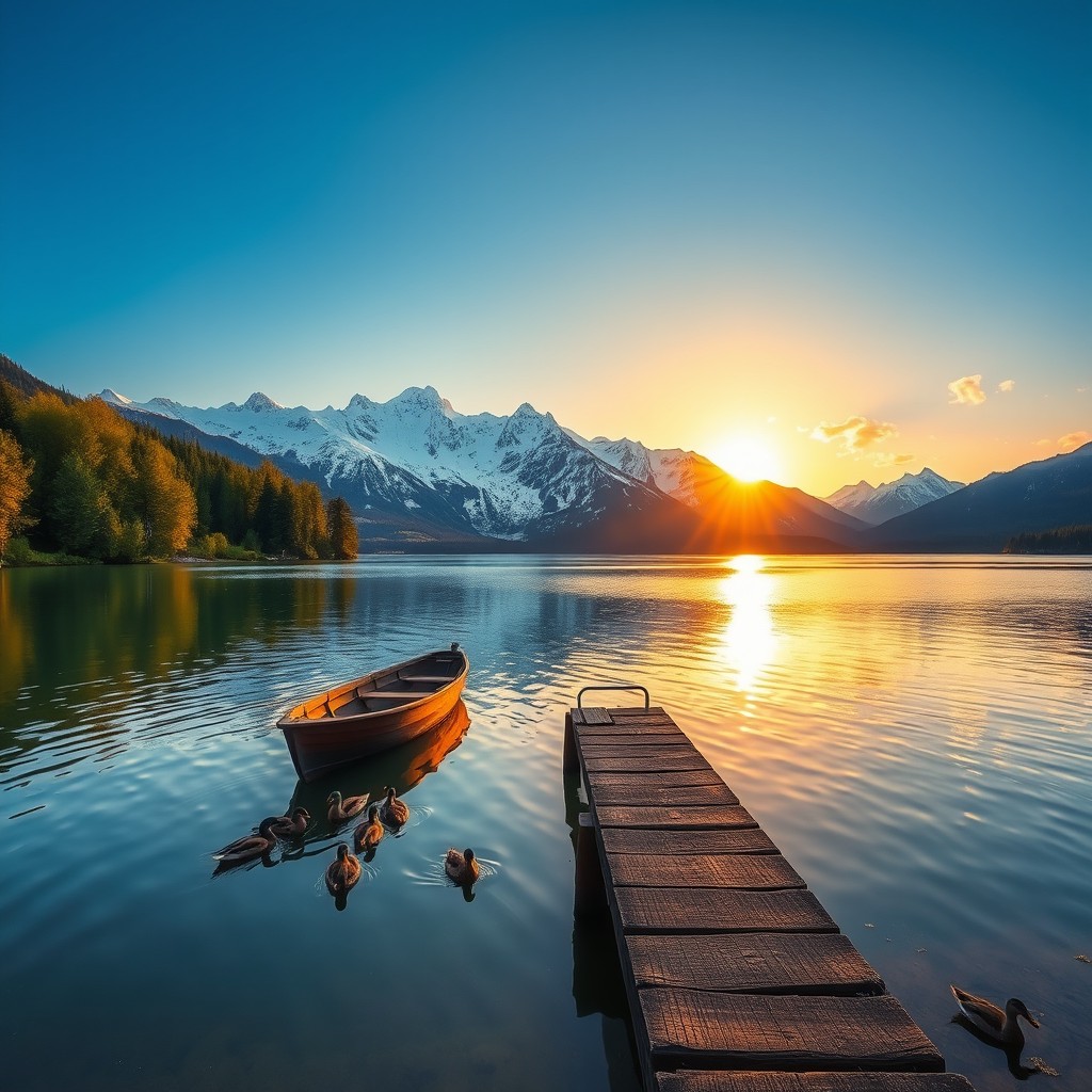 A serene landscape featuring a tranquil lake surrounded by majestic snow-capped mountains under a clear blue sky