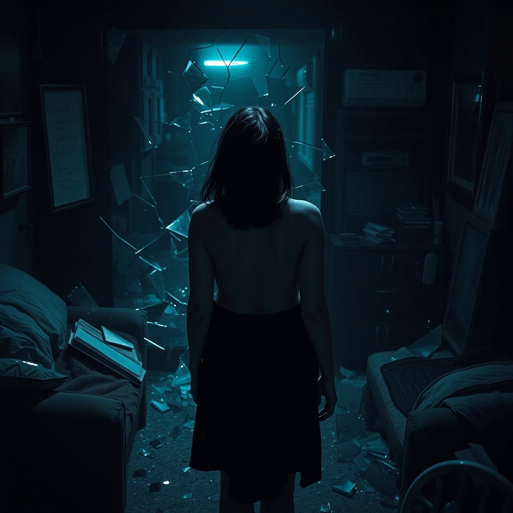 A psychological thriller titled 'Glass' by Ouri Peterson, set in a dimly lit urban apartment filled with reflections and shattered mirrors