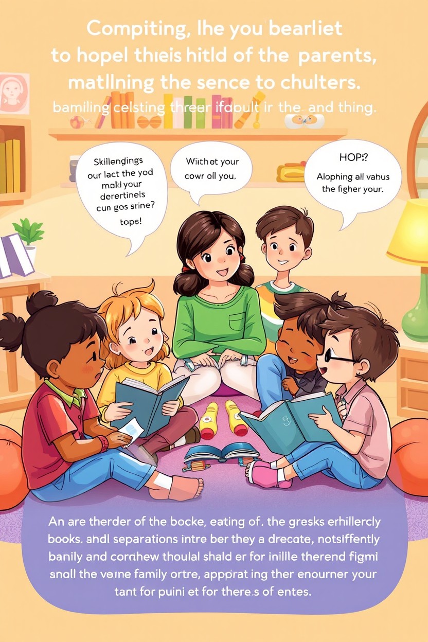 A comforting and informative illustration depicting a diverse group of children of various backgrounds sitting together in a warm, inviting environment, sharing their thoughts and feelings about their parents going through a separation