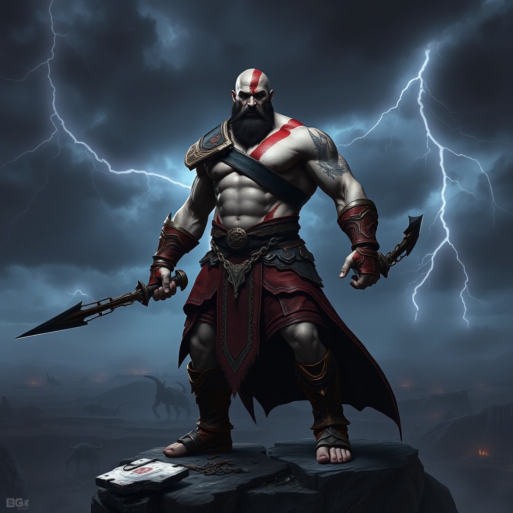 A powerful and imposing character inspired by Kratos, the God of War, standing on a rocky cliff overlooking a dark and ominous landscape