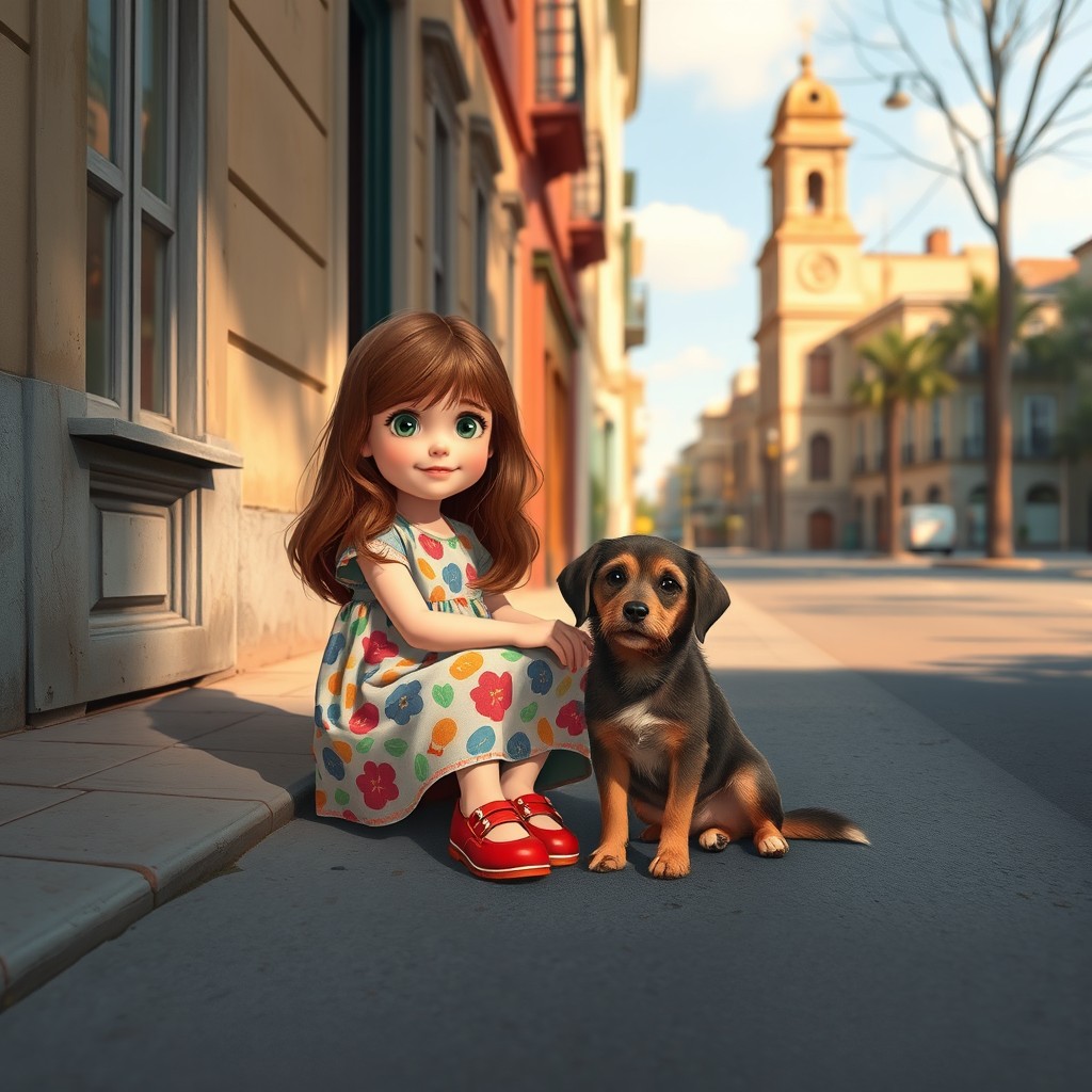 A heartwarming scene depicting a little girl, approximately 6 years old, sitting alone on a city street with a stray dog beside her