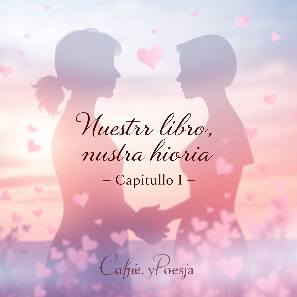 A captivating novel cover for a romantic story titled 'Nuestro libro, nuestra historia – Capítulo I'