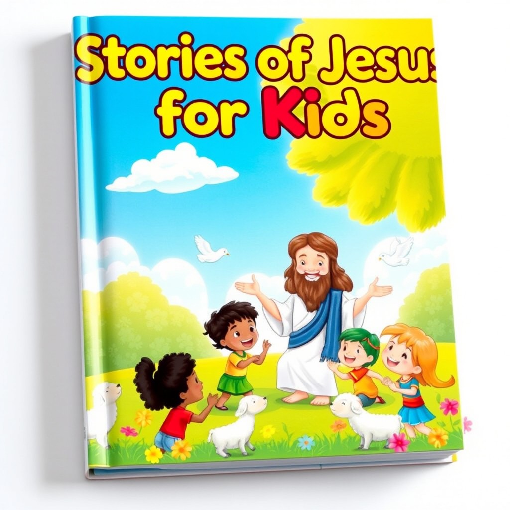 A whimsical book cover design titled 'Stories of Jesus for Kids'
