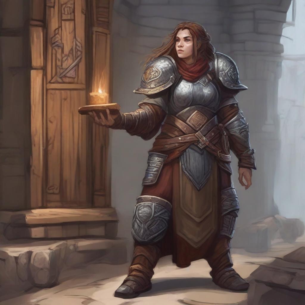 a female dwarven kineticist in heavy armor raises a wall made from eath and wood using her powers