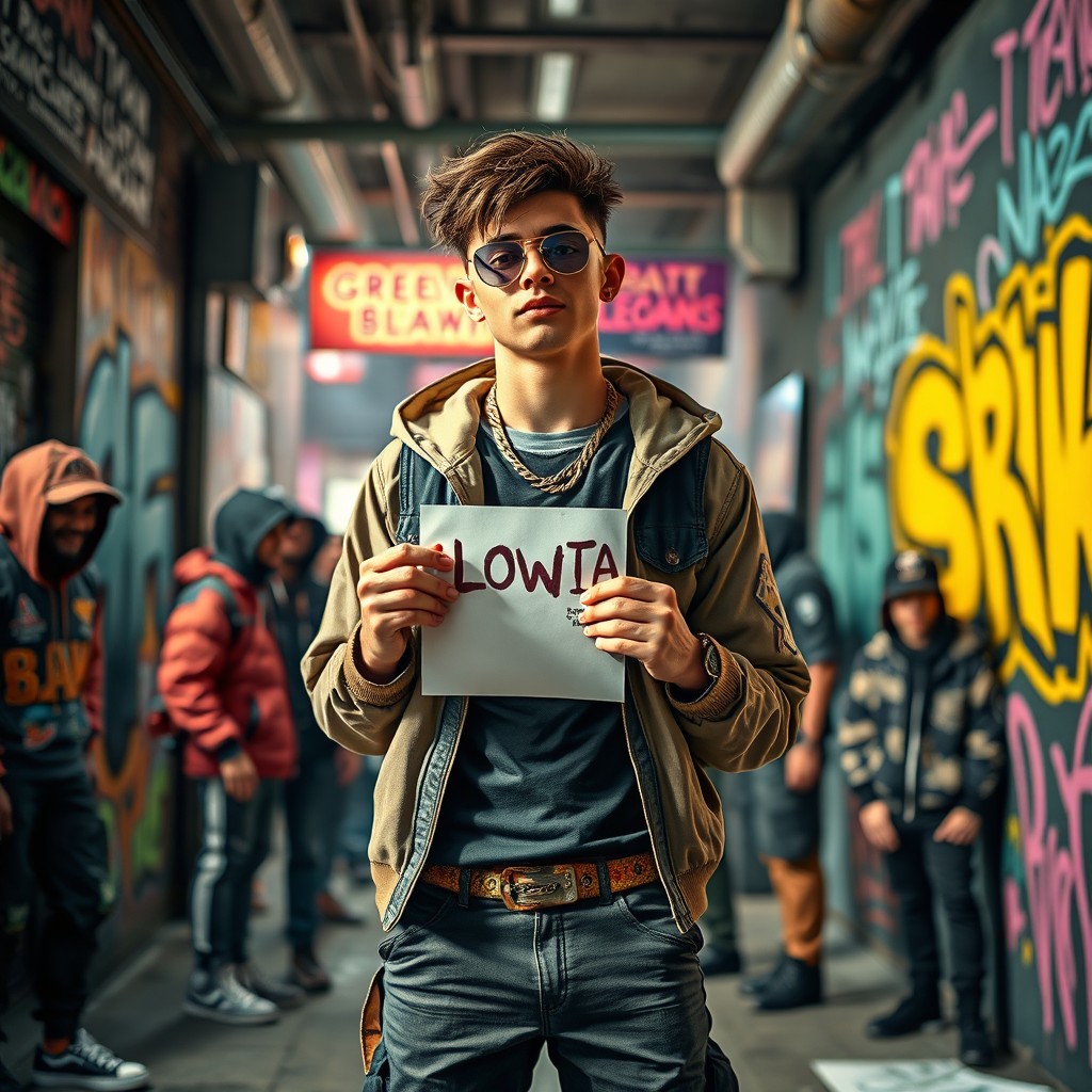 A stylish young man with impressive fashion, showcasing a modern streetwear outfit, standing confidently in an urban environment filled with street gang aesthetics