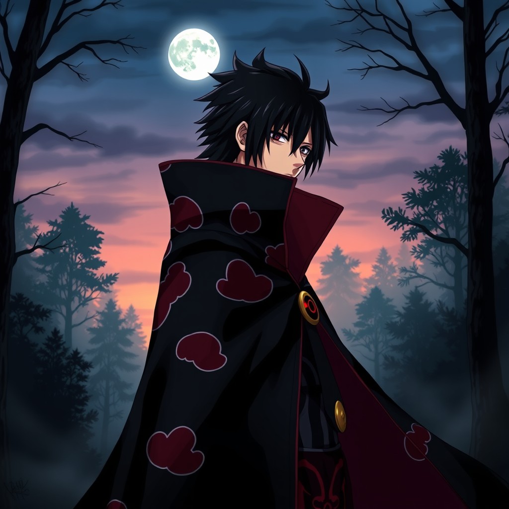 A powerful depiction of Itachi Uchiha from Naruto, showcasing his signature high-collared black cloak with red clouds, raven-black hair styled elegantly, and carrying his iconic Sharingan eye