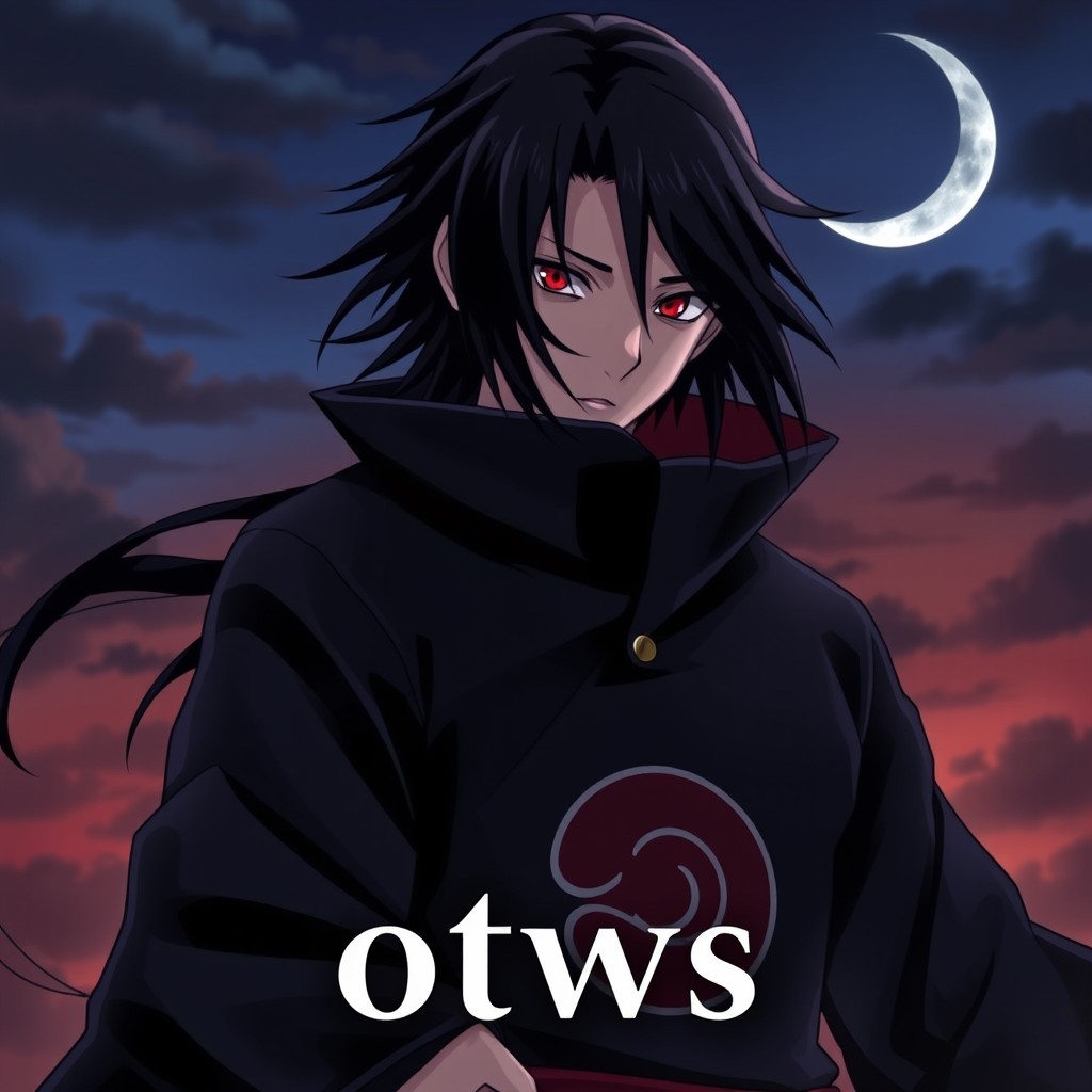 A live-action portrayal of Itachi Uchiha from Naruto, featuring his iconic dark clothing and the Uchiha clan symbol