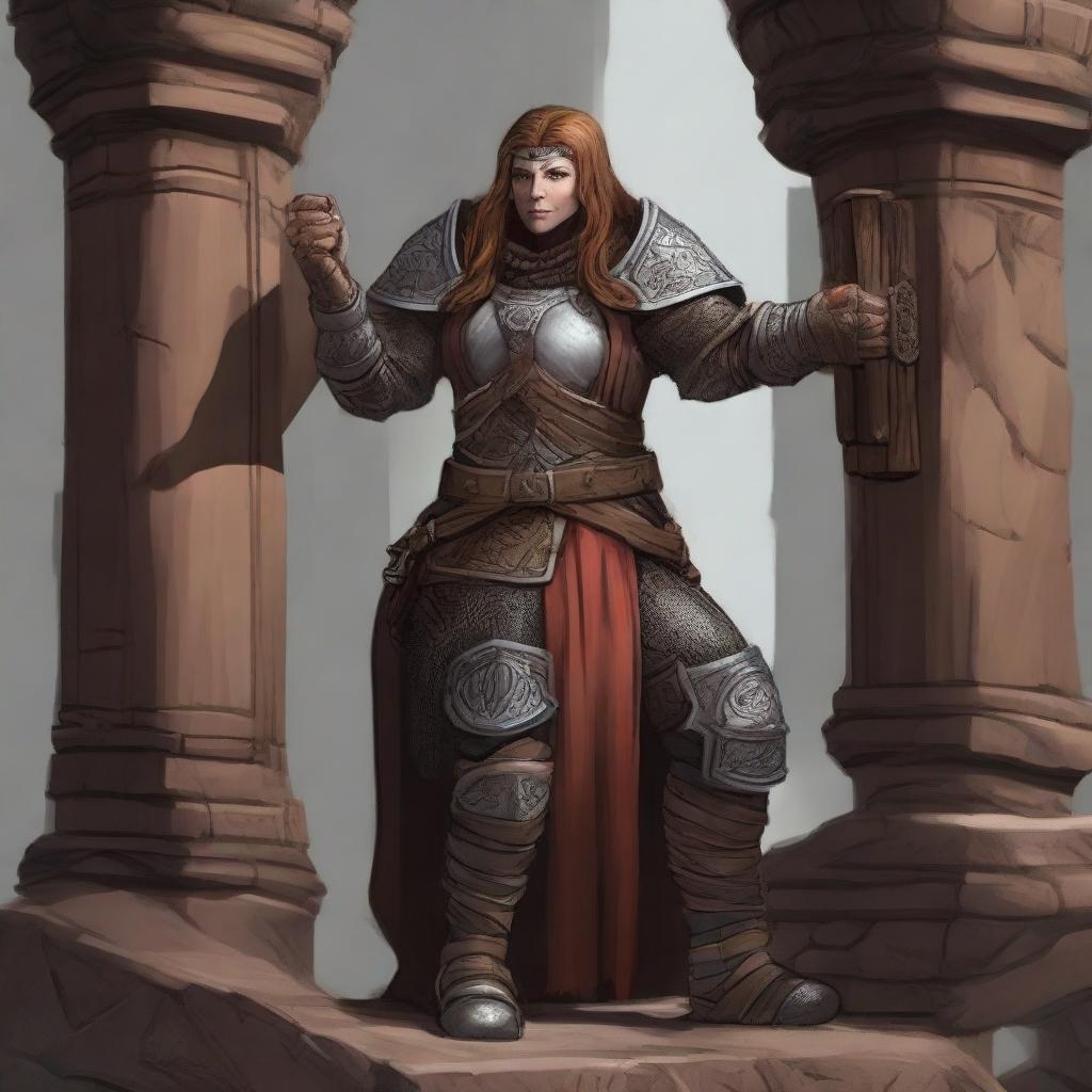 a female dwarven kineticist in heavy armor raises a wall made from eath and wood using her powers