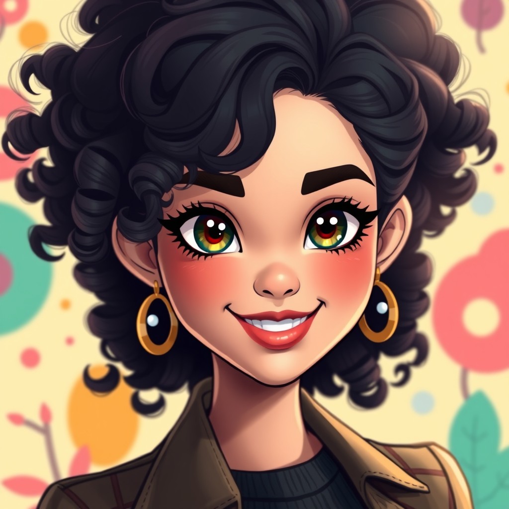 A female avatar with dark curly hair, showcasing vibrant features and an engaging expression