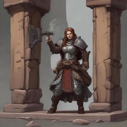 a female dwarven kineticist in heavy armor raises a wall made from eath and wood using her powers