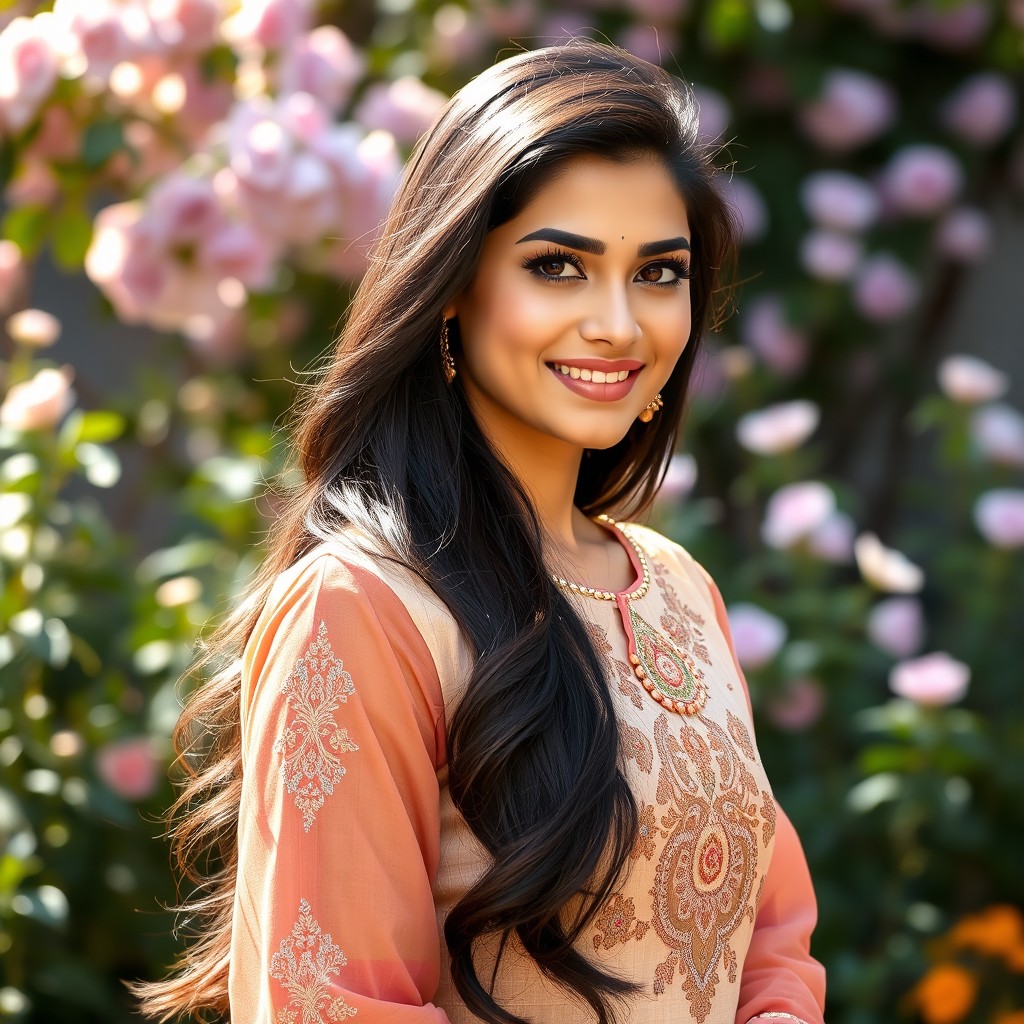 A beautiful 25-year-old Punjabi woman with a light skin tone, dressed elegantly